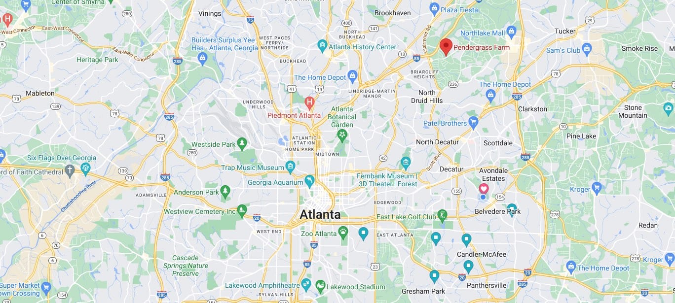 Map of Atlanta showing Pendergrast Farm location.